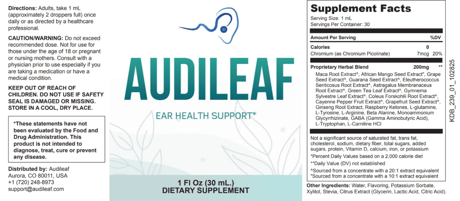 Audileaf natural hearing support drops label